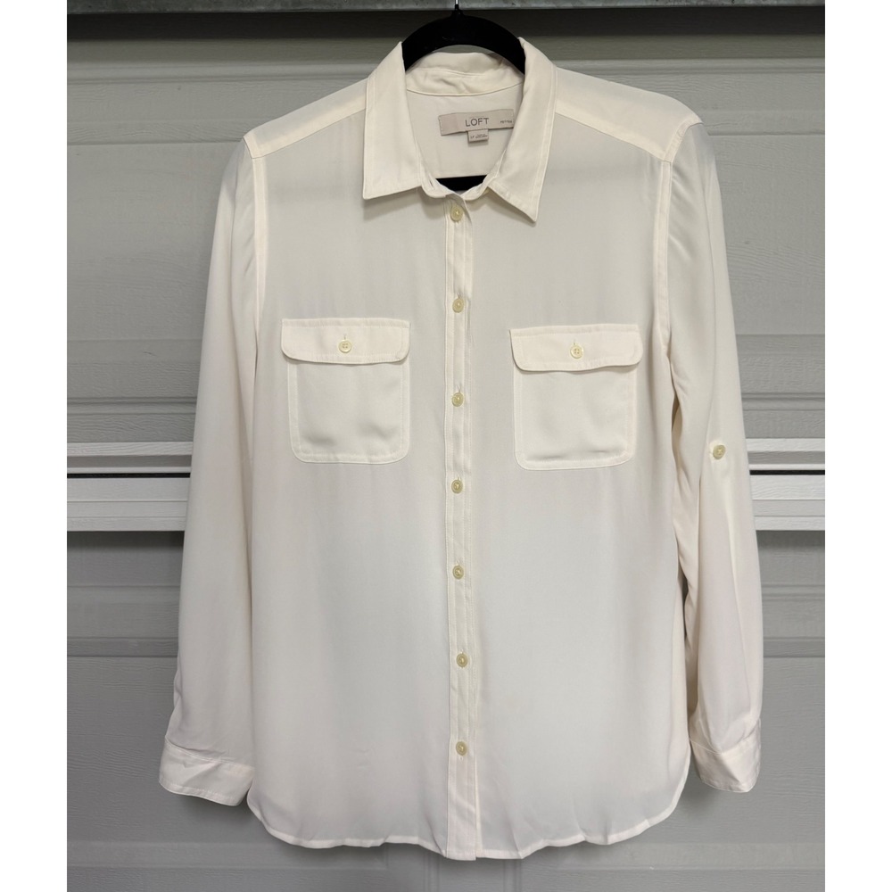 Ann Taylor Loft Petite Large Cream Utility Button Down Roll Tab Blouse EUC